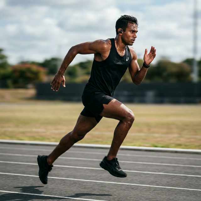 Sportsman running with earbuds